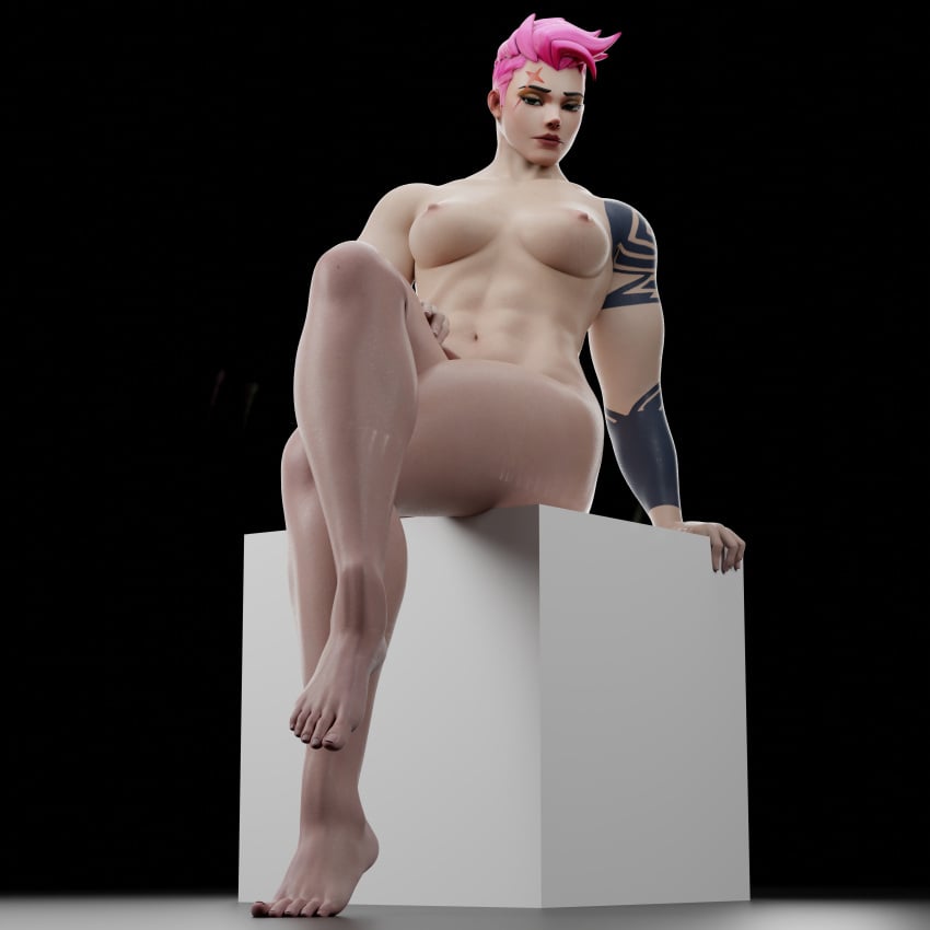 3d blender_cube default_cube female leaning_back legs_crossed looking_at_viewer muscular muscular_female overwatch pink_hair short_hair sitting tatoos zarya