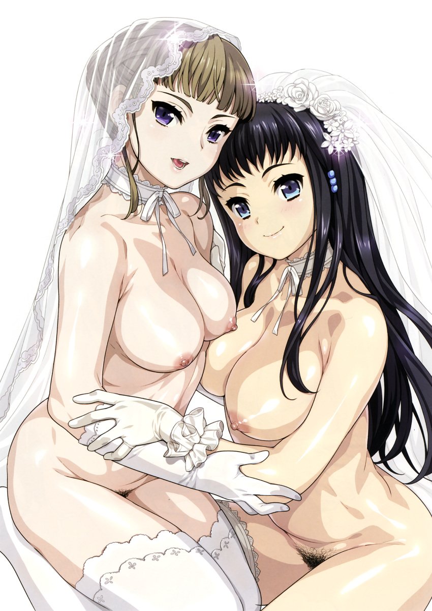 2girls black_hair blue_eyes blush breasts bridal_veil bride choker clockup erect_nipples eroge!_h_mo_game_mo_kaihatsu_zanmai euphoria euphoria_(clockup) gloves hamashima_shigeo himeno_kisara long_hair manaka_nemu multiple_girls open_mouth pubic_hair purple_eyes smile teen teen_girl teenage teenage_girl teenager young