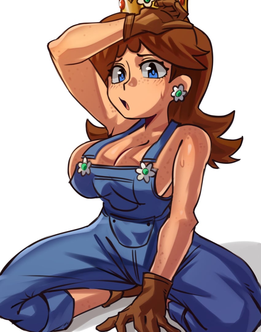 1girls breasts female mario_(series) moxydrawsmore overalls overalls_only princess_daisy sweat tagme