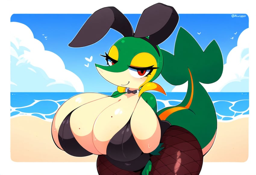 absurd_res ai_generated anthro beach big_breasts bikini breasts bunny_costume cleavage clothed clothing costume eyelashes fake_ears fake_rabbit_ears female fishnet fishnet_legwear generation_5_pokemon heart hellsonger hi_res huge_breasts legwear looking_at_viewer nintendo non-mammal_breasts outside pokemon pokemon_(species) red_eyes reptile sand scalie sea seaside smile snivy solo swimwear text thick_thighs water