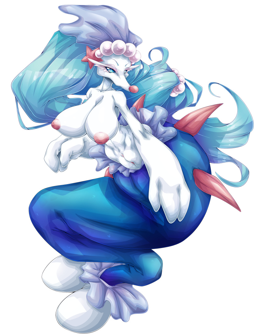 absurd_res areola big_breasts blue_eyes blue_hair breasts female generation_7_pokemon genitals hair hi_res long_hair looking_at_viewer mammal marine nintendo nipples no_humans nude pinniped pokemon pokemon_(species) primarina pussy simple_background solo suddenhack white_body