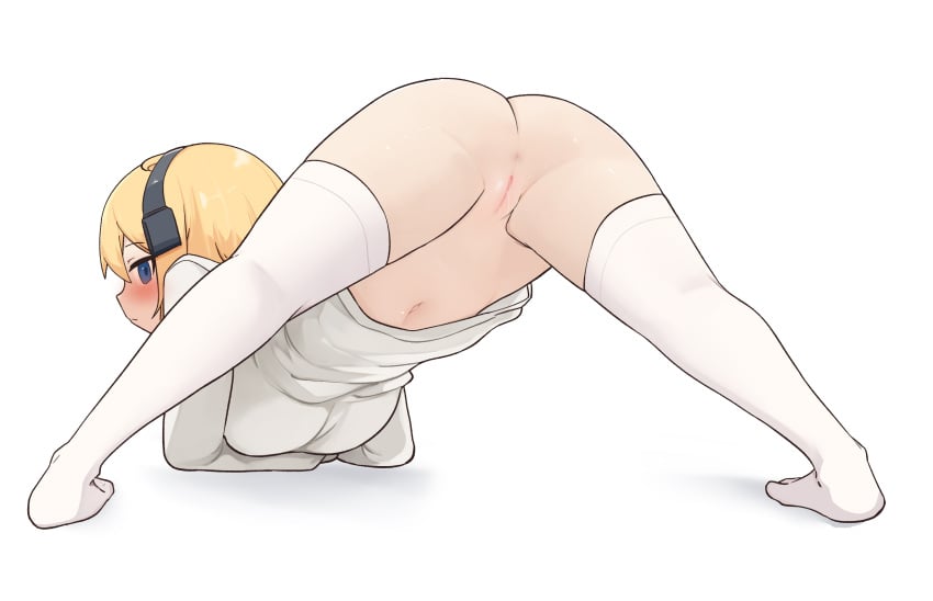 blonde_hair blue_eyes blush daebom half_naked jack-o_pose looking_at_viewer stockings strv_103 war_thunder wet_pussy