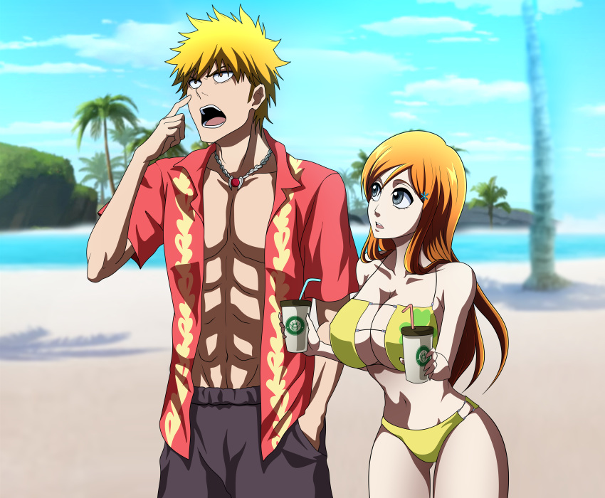 1boy 1boy1girl 1girls anime_style auburn_hair beach beach_background big_breasts bikini bikini_bottom bikini_top bleach breasts brown_eyes cleavage color colored doujin doujin_cover gray_eyes huge_breasts ichigo_kurosaki inoue_orihime large_breasts lingerie oldhorrorz orange_hair panties