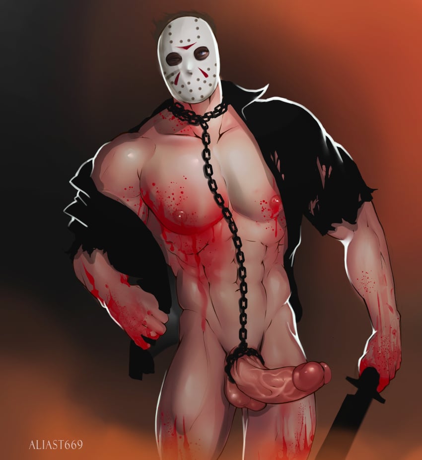 aliast669 balls bara blood boner bottomless chains erection friday_the_13th hockey_mask jason_voorhees machete male male_only mask muscles muscular pantsless penis solo solo_male