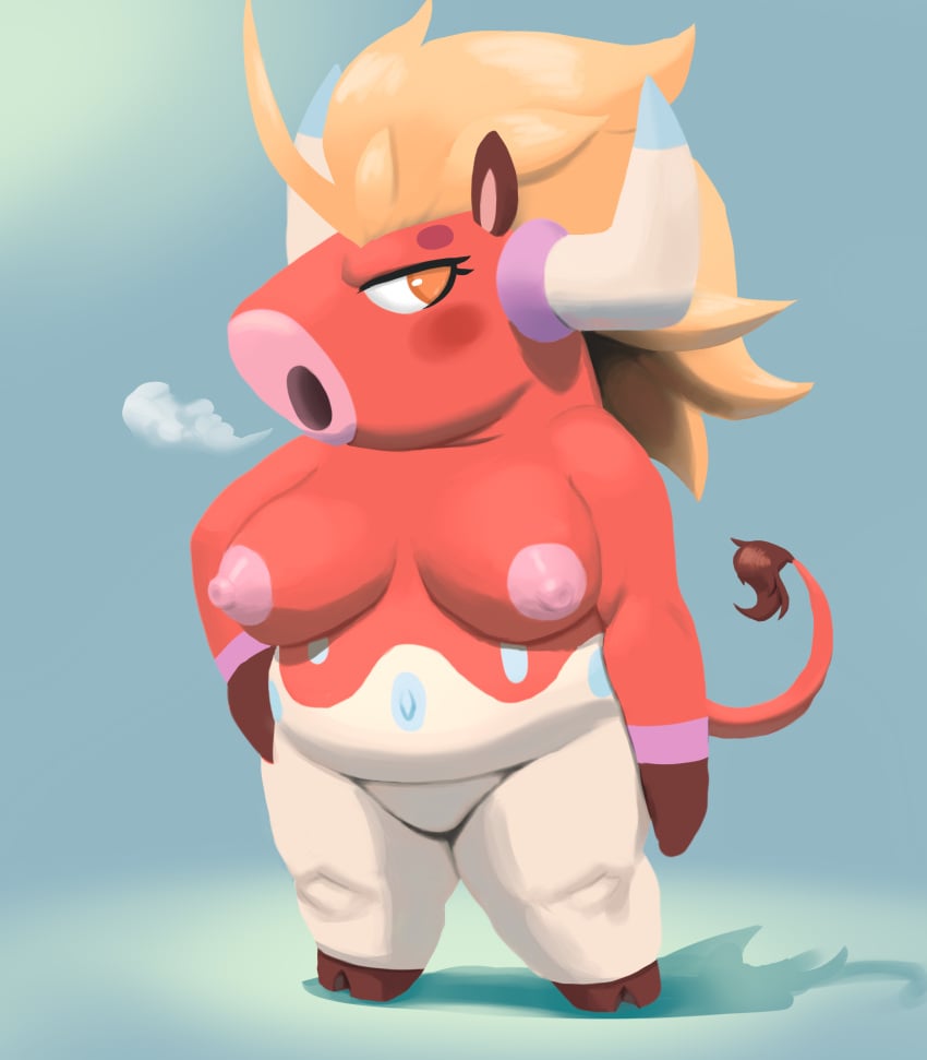 anthro areola belly big_breasts blush bovid bovine breasts calplex digital_media_(artwork) fat_legs female hi_res mammal mu multicolored_body nexomon nexomon_(species) nipples nude simple_background solo tail tippycat