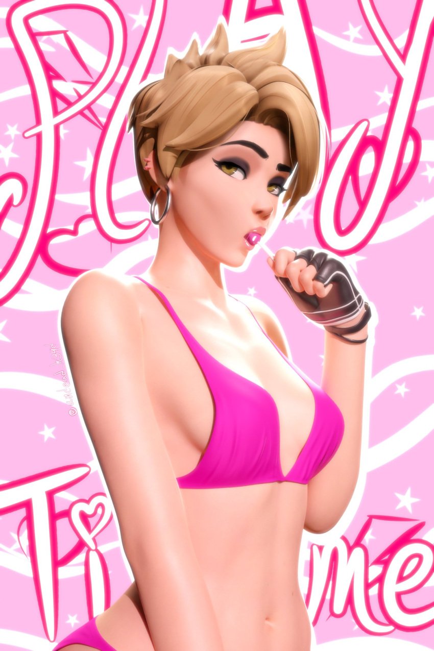 3d bikini bimbo blender blender_(software) blender_cycles blonde_hair clothed female lollipop overwatch overwatch_2 solo solo_female tracer undead_h34d