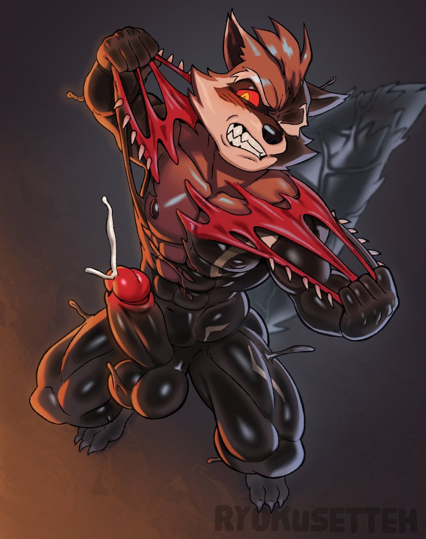 absurd_res anthro balls big_balls bodily_fluids brown_body brown_fur clenched_teeth cum cumshot ejaculation facial_markings fangs front_view fur genital_fluids genitals glans guardians_of_the_galaxy head_markings hi_res humanoid_genitalia humanoid_penis male male_only mammal markings marvel mask_(marking) muscular muscular_anthro muscular_male penis procyonid raccoon red_eyes rocket_raccoon ryokusetteh slime solo struggling symbiote tail teeth thick_tail venom_(marvel)