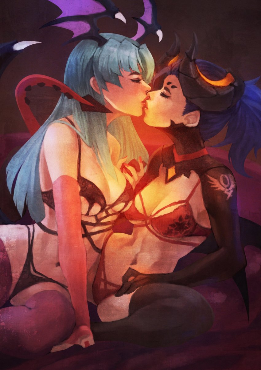 2girls alternate_hair_color alternate_version_available big_breasts blue_hair breasts crossover darkstalkers eastern_and_western_character female female_only green_hair head_wings kissing large_breasts long_hair mercy monorirogue morrigan_aensland multiple_girls overwatch succubus yuri