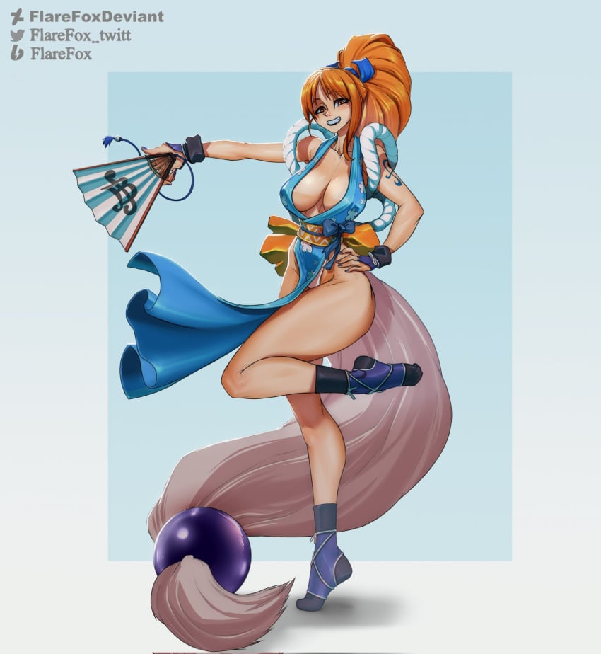 1girls bare_arms bare_legs bare_shoulders bare_thighs big_breasts blush clothed clothing color female female_focus female_only flarefox hi_res large_breasts light-skinned_female light_skin long_hair looking_at_viewer mai_shiranui_(cosplay) nami nami_(one_piece) no_bra onami one_piece orange_eyes orange_hair shounen_jump solo solo_female tagme tattoo thick_thighs