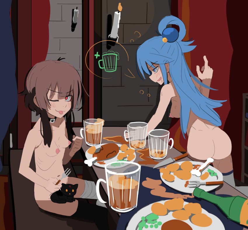 2girls aqua_(konosuba) ass beer blue_hair breasts butt_crack choker closed_eye dinner drunk embarrassed feline female female_only food konosuba kurokimoko looking_at_viewer megumin multiple_girls nipples short_hair small_breasts smug speech_bubble tongue_out