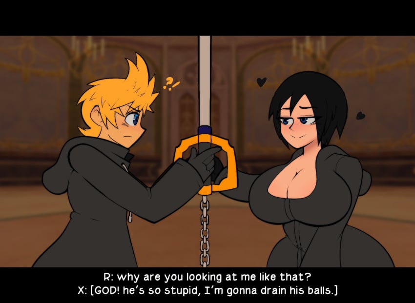 1boy 1girls black_hair blonde_hair blue_eyes cleavage english_text huge_breasts keyblade kingdom_hearts kingdom_hearts_358/2_days kingdom_key roxas sketchydrawin xion