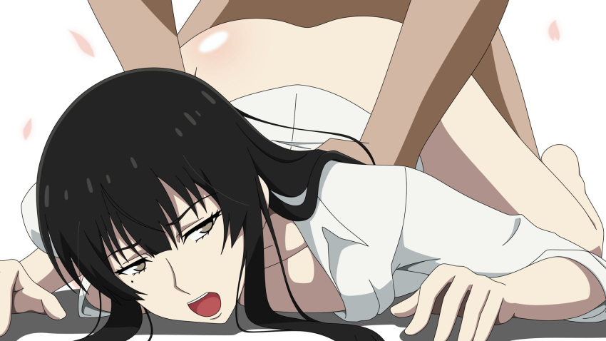 arched_back ass barefoot black_eyes black_hair bottomless breast_press breasts feet female highres kujou_sakurako_(sakurako) large_breasts legs long_hair looking_at_viewer mole open_clothes open_mouth penetration petals sakurako-san_no_ashimoto_ni_wa_shitai_ga_umatteiru sex simple_background solo_focus thighs top-down_bottom-up vaginal_penetration