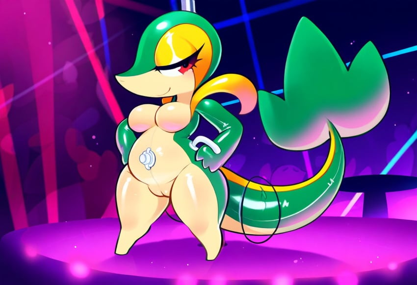 ai_generated anthro anthrofied breasts female generation_5_pokemon genitals hellsonger hi_res inflatable looking_at_viewer narrowed_eyes nintendo non-mammal_breasts nude pokemon pokemon_(species) pokemorph pole pussy red_eyes reptile scalie short_stack smile snivy solo