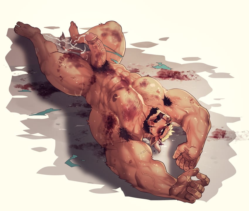 2023 abs anthro armpit_hair armpits arms_up balls beard black_hair blonde_hair blood blood_on_ground bodily_fluids body_hair bovid bovine brown_body brown_fur bruised bruised_chest bruised_eye bruised_leg cattle chest_hair clothing cum cum_on_balls cum_on_ground drooling facial_hair feet fur genital_fluids genitals green_clothing hair hairy_armpits harry_baker hi_res horn lying male mammal muscular muscular_anthro muscular_male nipples nosebleed nude on_back on_ground open_mouth pecs penis pubes rybiok saliva small_horn solo toes tongue tongue_out torn_clothing unconscious vein veiny_muscles veiny_penis wounded