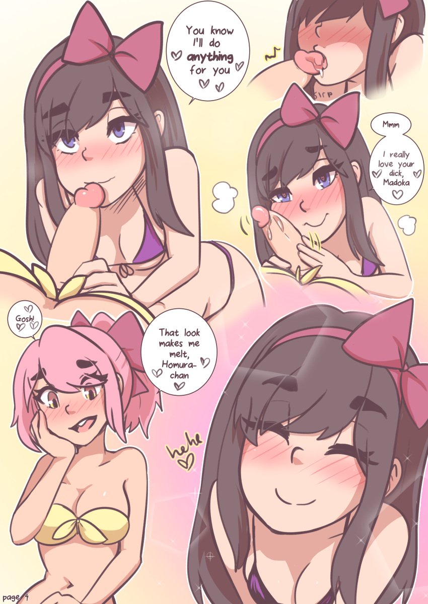 1futa 1girls akemi_homura balls black_hair breasts caffeccino clothed clothing comic_page dialogue duo english_text erection female futa_on_female futanari human licking_penis light-skinned_female light-skinned_futanari light_skin long_hair madohomu madoka_kaname magical_girl mahou_shoujo_madoka_magica mostly_nude penis pink_hair puella_magi_madoka_magica short_hair slow text