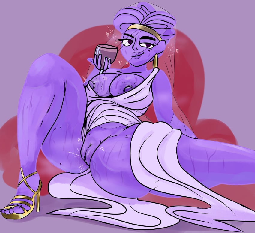 1girls alternate_version_at_source alternate_version_available aphrodite aphrodite_(lore_olympus) areolae deity drunk earrings european_mythology female_only goddess greek_mythology lavender_body lavender_hair lore_olympus mole mole_under_eye mythology nipple_slip nipples public_domain pussy spread_legs spreading toga variant variant_set webtoon white_dress wine