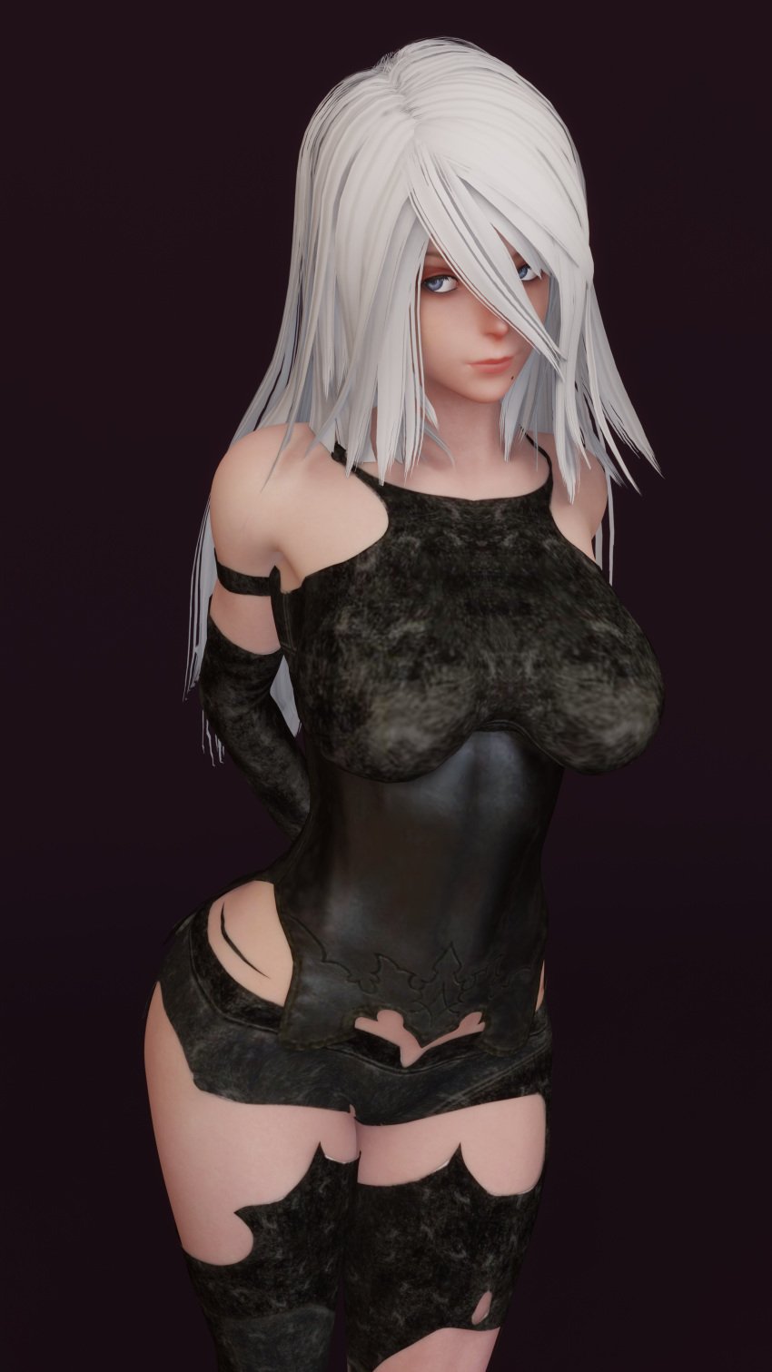 1girl 3d android beauty_mark blender breasts cute keyd10iori leaning_forward lieutenant_flapjack long_hair medium_breasts nier:_automata pose smiling thick_thighs thigh_highs thighs white_hair yorha_a2