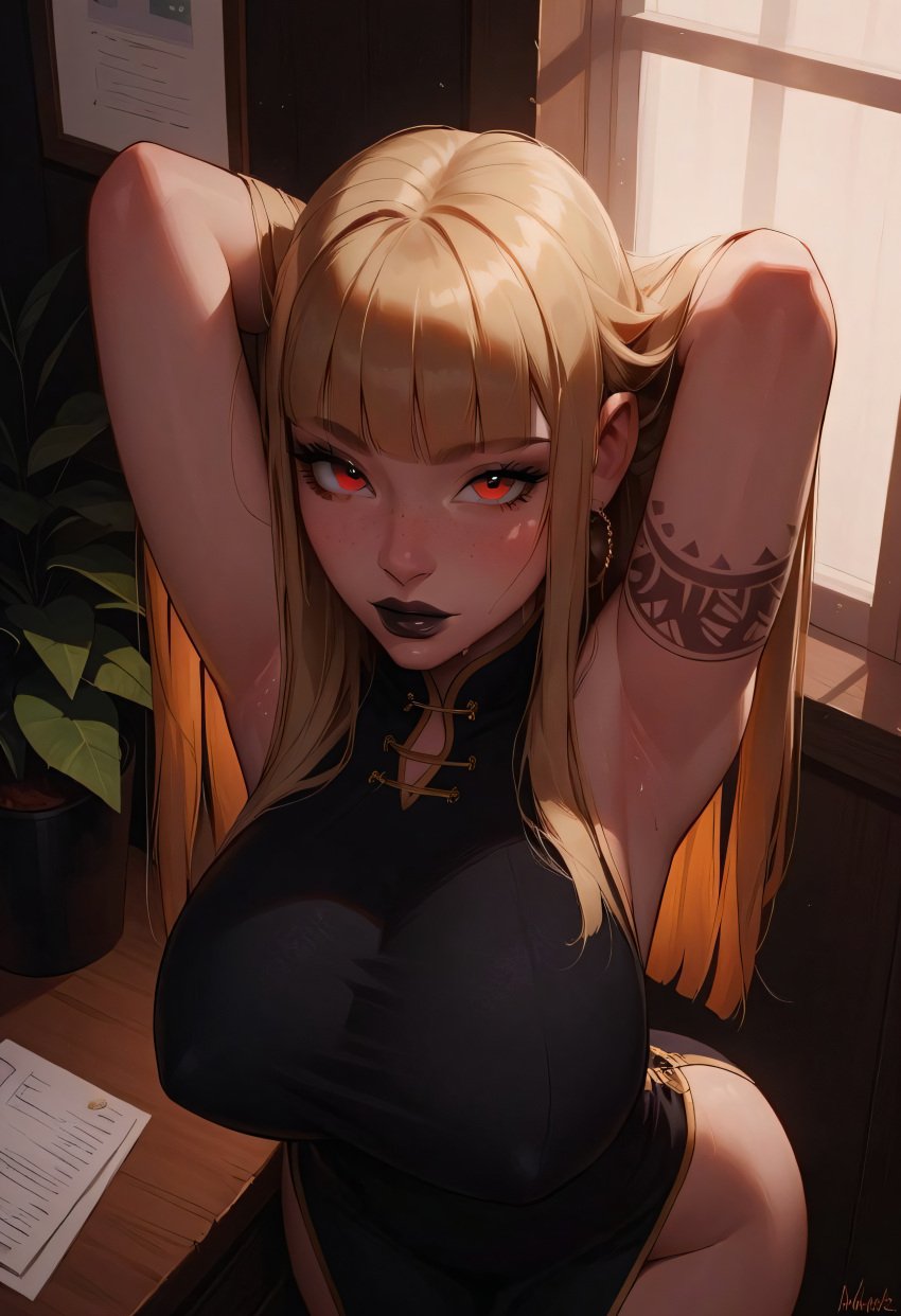 ai_generated bent_over big_breasts blonde_hair blush chinese_clothes chinese_dress choker civitai eyeliner freckles goth goth_futa goth_girl hi_res high_resolution highres hime_cut horny office pleasure_face red_eyes sarcos_ seductive seductive_look seductive_smile serena(original) sweat tattoo