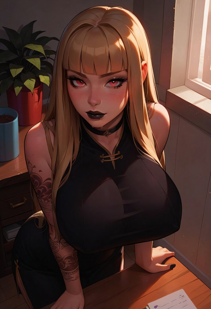 ai_generated bent_over big_breasts blonde_hair blush chinese_clothes chinese_dress choker civitai eyeliner freckles goth goth_futa goth_girl hi_res high_resolution highres hime_cut horny office pleasure_face red_eyes sarcos_ seductive seductive_look seductive_smile serena(original) sweat tattoo