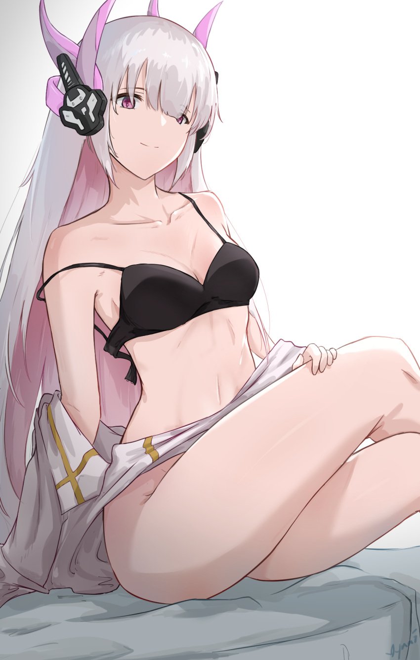 1girls female liv_(punishing:_gray_raven) long_hair medium_breasts pink_eyes punishing:_gray_raven robot_girl solo underwear undressing white_hair