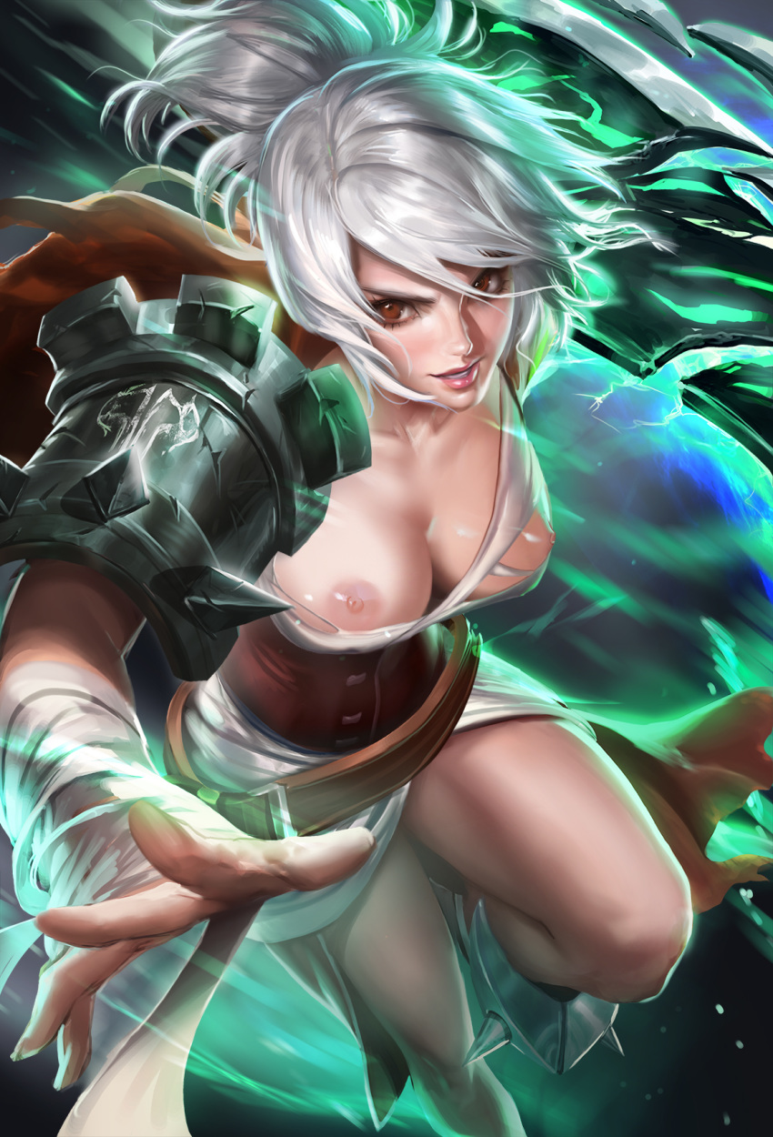 bandage belt breasts brown_eyes female female_only league_of_legends lips nipples no_futa only_riven riven sakimichan solo torn_clothes white_hair