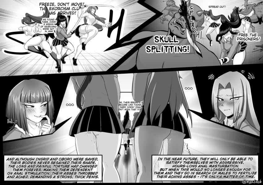 after_anal after_rape after_sex big_ass big_breasts comic english_text ingrid_(taimanin_asagi) meowlinch mini_skirt monochrome monster oboro_(taimanin_asagi) oni pussy_juice school_uniform taimanin_(series) thick_thighs