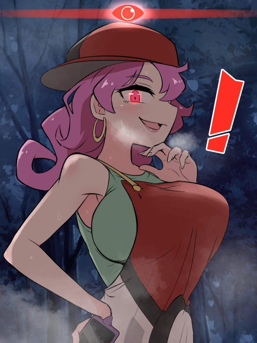 ! 1girls alpha_pokémon alpha_pokemon apron baseball_cap blush breasts earrings game_freak glowing glowing_eyes green_shirt hand_on_own_hip hat highres holding holding_phone hoop_earrings jewelry joy_(pokemon) kurachi_mizuki large_breasts long_hair looking_at_viewer night nintendo nurse_joy nurse_joy_(kitakami) open_mouth outdoors phone pink_hair pink_lips poke_ball_print pokemon pokemon_sv print_apron red_eyes red_hat rotom rotom_phone shirt sideways_hat sleeveless sleeveless_shirt solo sweat upper_body