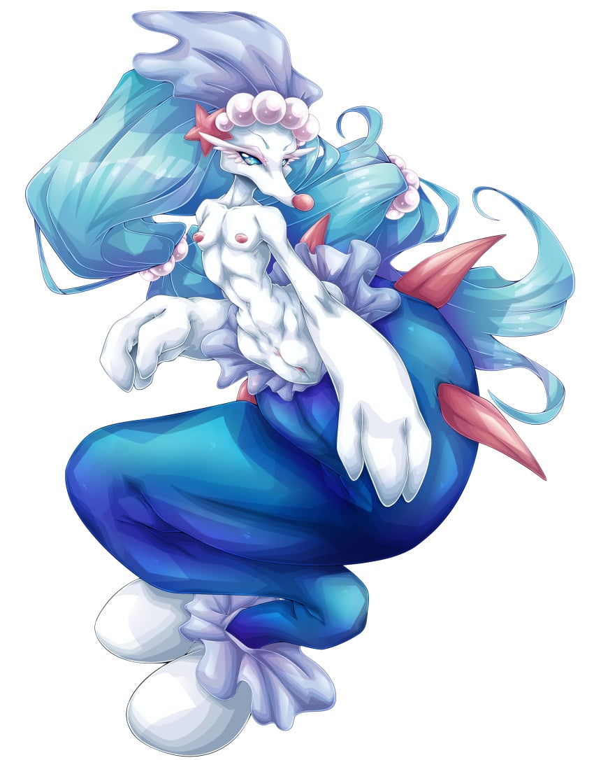 absurd_res areola blue_eyes blue_hair breasts female generation_7_pokemon genitals hair hi_res long_hair looking_at_viewer mammal marine nintendo nipples no_humans nude pinniped pokemon pokemon_(species) primarina pussy simple_background solo suddenhack white_body