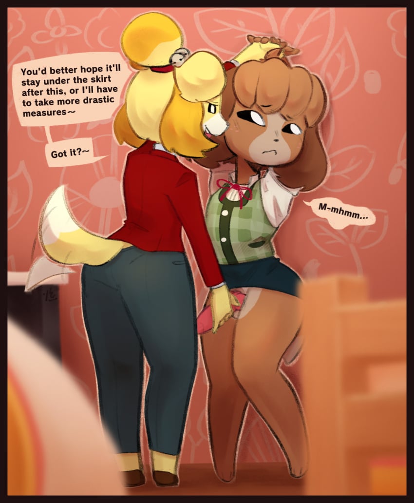 animal_crossing animal_genitalia animal_penis anthro ass bottomwear brother_(lore) brother_and_sister_(lore) brown_body canid canine canine_genitalia canine_penis canis clothed clothing crossdressing dialogue digby_(animal_crossing) domestic_dog dominant dominant_female duo embarrassed female fur genitals hair hair_bun hand_holding hi_res incest_(lore) isabelle_(animal_crossing) looking_away male male/female mammal nintendo open_mouth panties penis pinned pinned_to_wall shih_tzu sibling_(lore) simple_background sister_(lore) skirt stroking_penis submissive submissive_male tail tail_motion tailwag text tofuuu touching_penis toy_dog underwear upskirt wide_hips yellow_body yellow_fur