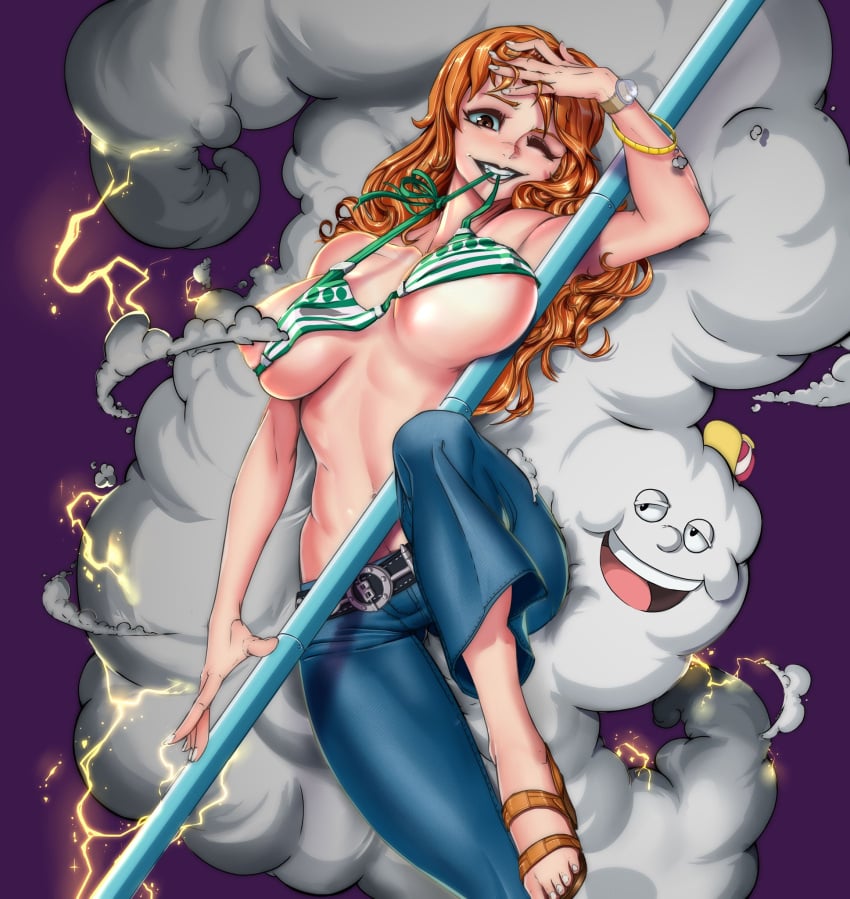 1girls bare_arms bare_shoulders big_breasts blush bra clothed clothing color female female_focus female_only flarefox hi_res large_breasts light-skinned_female light_skin long_hair looking_at_viewer nami nami_(one_piece) one_piece orange_eyes orange_hair shounen_jump solo solo_female tagme tattoo thick_thighs zeus_(one_piece)