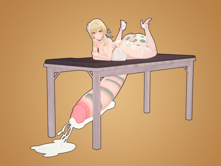 blonde_hair cum cum_on_floor excessive_cum futanari genshin_impact high_heels hyper hyper_balls hyper_penis koikatsu lipstick lipstick_mark lipstick_marks lipstick_on_balls lipstick_on_penis lipstick_ring lipstick_smear looking_at_viewer lumine_(genshin_impact) milking_table smile smiling tagme vostrumdeus