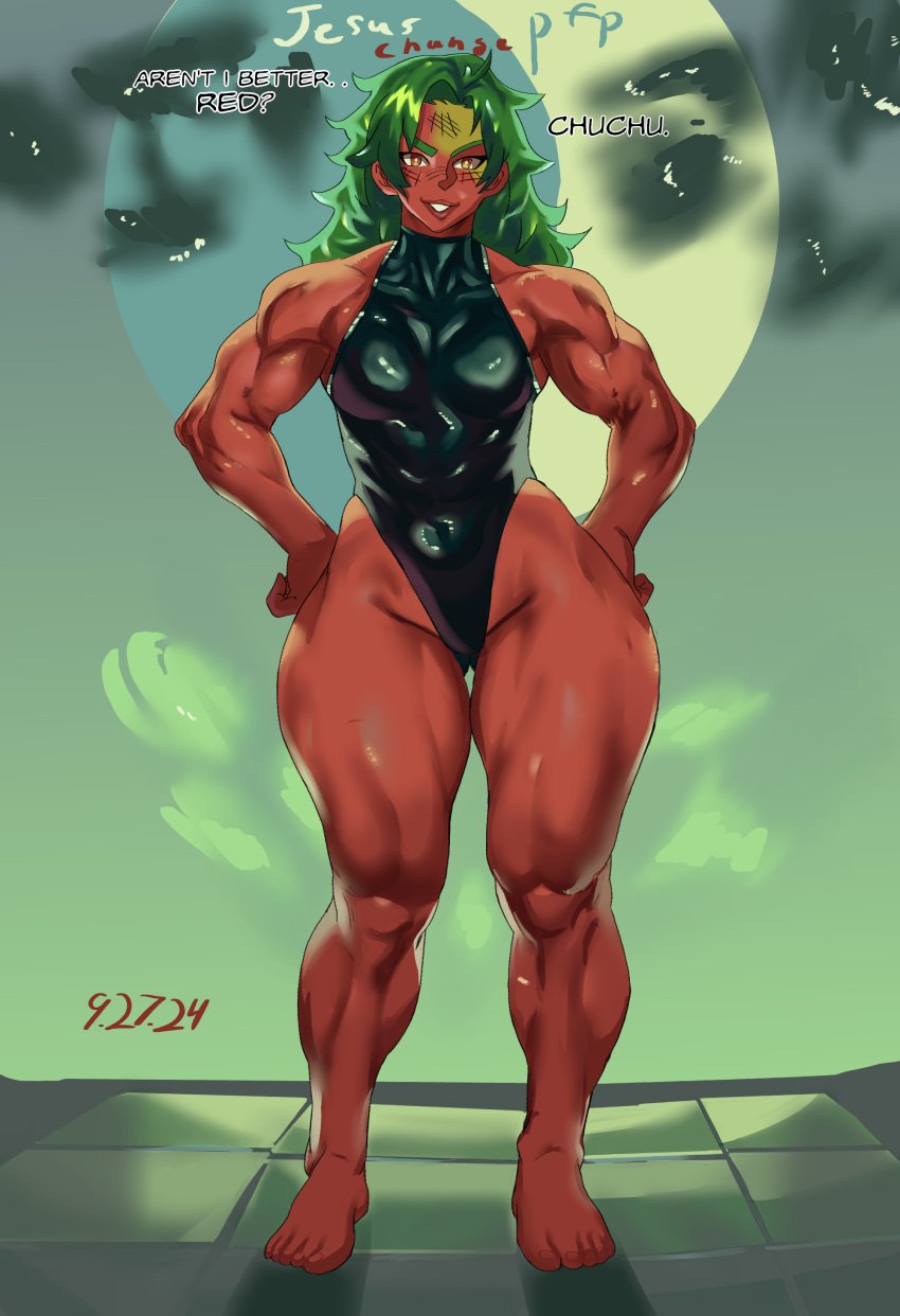 barefoot betty_ross black_leotard blush bottomless english english_text fists green_background green_hair hands_on_hips highres large_female leotard long_legs marvel marvel_comics moon moonlight muscles muscular muscular_female red_body red_she-hulk red_skin self_upload she-hulk simple_background smirk smirking text watermark wide_hips yellow_eyes