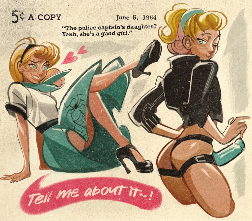 1950s 1954 1girls blonde_hair blue_eyes bratty bupenhei dom_form dress english_text eyebrow_piercing female female_only femdom gwen_stacy gwen_stacy_(spider-verse) jacket jacket_only marvel marvel_comics praise skirt solo spider-man:_across_the_spider-verse spider-man:_into_the_spider-verse strap-on text