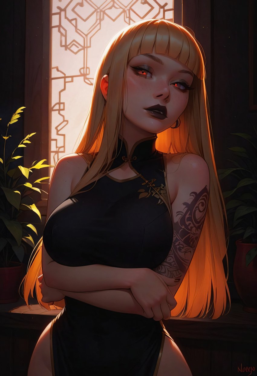 ai_generated bent_over big_breasts blonde_hair blush chinese_clothes chinese_dress choker civitai eyeliner freckles goth goth_futa goth_girl hi_res high_resolution highres hime_cut horny office pleasure_face red_eyes sarcos_ seductive seductive_look seductive_smile serena(original) sweat tattoo