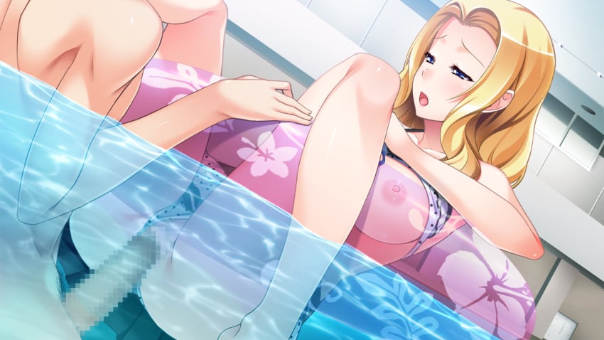 amami_taito areolae ass bikini bikini_aside blonde_hair blue_eyes blush breasts censored female game_cg highres hitozuma_swimming_club innertube ino interheart kayashima_aki large_breasts legs long_hair lying mosaic_censoring nipples open_mouth partially_submerged penetration penis pool pussy sex solo_focus thighs vaginal_penetration water