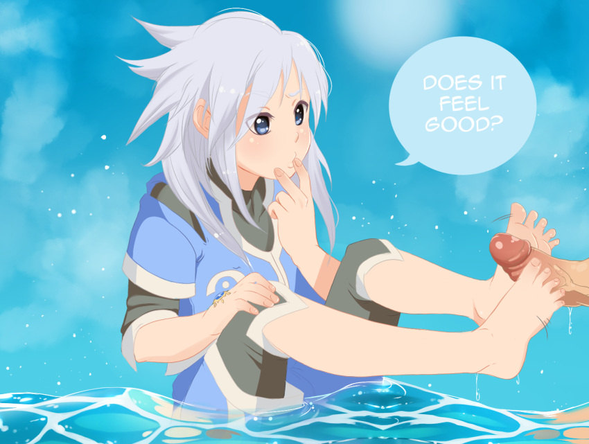 2boys barefoot blue_eyes blush erection feet footjob genis_sage long_hair multiple_boys penis sitting skyisfreedom tales_of_(series) tales_of_symphonia v water white_hair yaoi