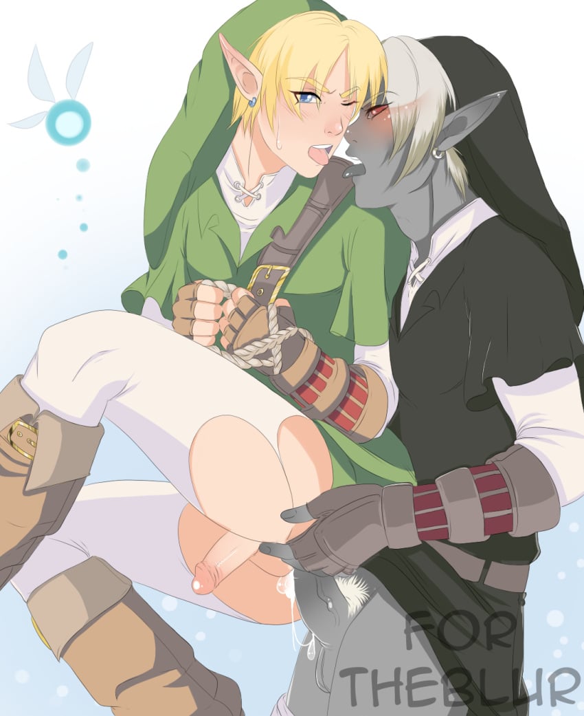 2boys blue_eyes blush cum dark_link erection gloves grey_hair grey_skin hat link male_only multiple_boys open_mouth pantyhose penis pointy_ears pubic_hair red_eyes short_hair skyisfreedom the_legend_of_zelda yaoi