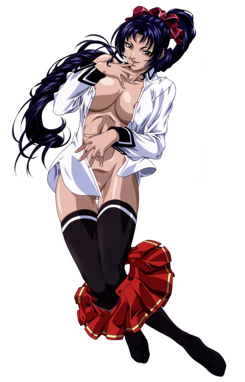 1girls abs academy_uniform_(bible_black) areolae bible_black bible_black_gaiden black_legwear blouse blue_hair bow breasts cleavage clothing drill_hair feet female female_only finger_to_mouth groin hair_ribbon hairbow highres kein_yachimata kozono_nami large_breasts lingerie long_hair looking_at_viewer mound_of_venus naughty_face nipples no_bra no_panties no_shoes official_art open_clothes open_mouth open_shirt ponytail ribbon scan school_uniform shirt skirt skirt_pull smile solo stockings thigh_gap thighhighs tied_hair undressing uniform unzipped very_long_hair yellow_eyes yoshiten zipper