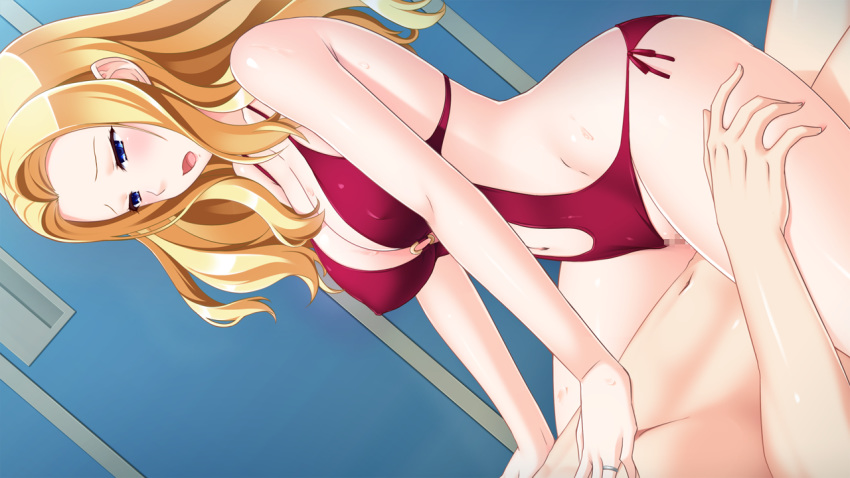 1boy amami_taito blonde_hair blue_eyes blush breasts censored cleavage clothed_female_nude_male cowgirl_position erect_nipples female game_cg highres hitozuma_swimming_club ino interheart kayashima_aki large_breasts legs long_hair looking_down lying mosaic_censoring navel open_mouth penetration penis pussy sex sitting sitting_on_person solo_focus straight swimsuit swimsuit_aside thighs vaginal_penetration