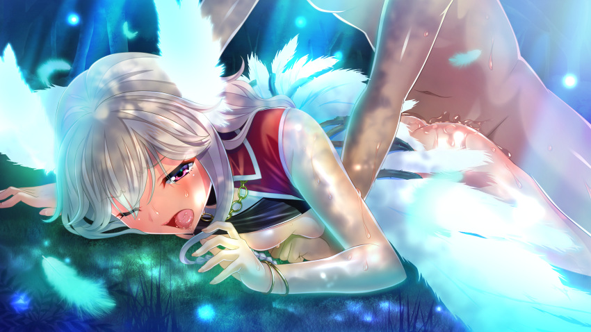 angel_wings ass blonde_hair blush breast_press breasts clothed_female_nude_male feathers female game_cg grass highres in_vitro_shoujo large_breasts legs long_hair lying no_panties on_stomach open_mouth penetration pink_eyes saliva sex shirt_lift sleeveless solo_focus spread_legs sweat tadano_akira thighs vaginal_penetration wince wings