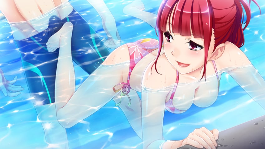 1boy bare_shoulders barefoot bikini blush breasts cleavage erection feet female footjob game_cg hair_up hanekura_tomoe highres hitozuma_swimming_club ino interheart legs looking_back open_mouth partially_submerged pink_eyes pool red_hair small_breasts smile solo_focus thighs toes water wet