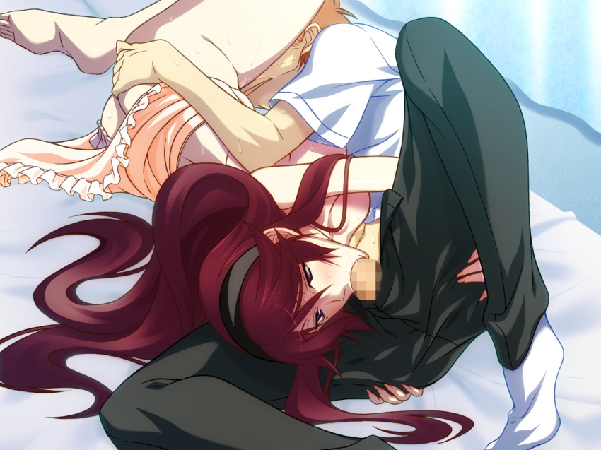 1boy 69 ass barefoot bed blush breasts censored cunnilingus feet fellatio female game_cg hairband highres hoka_no_otoko_no_seieki_de_harande_mo_ii_desu_ka...? legs licking long_hair lying mosaic_censoring no_bra on_side oral panties panties_aside penis purple_eyes red_hair skirt socks spread_legs straight sweat takapiko thighs toes underwear