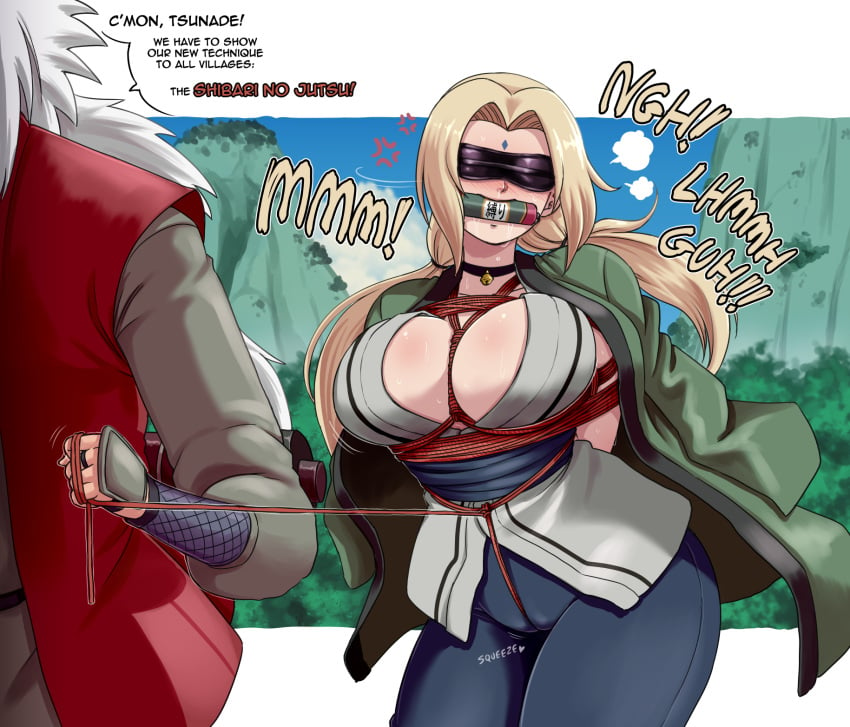 1boy 1girls angry arms_behind_back big_breasts blindfold blonde_hair bondage breasts brown_eyes busty castagno center_opening choker dominant dominant_male faceless_male female fetish gag haori head_out_of_frame highres huge_breasts improvised_gag issa94 jingle_bell jiraiya kimono male male/female mature mature_female mature_woman muzzle_(object) muzzled naruto naruto_(series) naruto_shippuden neckwear nipples no_bra one_eye_closed pants ponytail scroll speech_bubble submissive submissive_female talking talking_to_another talking_to_partner text tied_up tsunade twintails white_hair