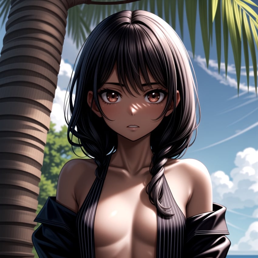 ai_generated black_hair brown_eyes cleavage dark_skin small_breasts tropical_background