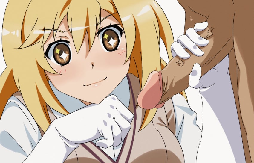 1boy 1girls animated animated_gif blonde_hair brown_eyes clothed_female_nude_male female foreskin frenulum glans gloves handjob looking_at_penis loop penis school_uniform shokuhou_misaki smiling solo_focus star_eyes straight teenage_girl teenager to_aru_kagaku_no_railgun to_aru_majutsu_no_index white_gloves