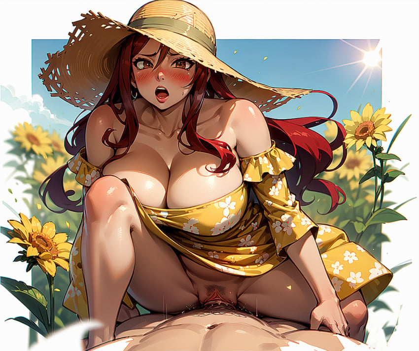 1boy 1girls ahe_gao ai_generated blush breasts cleavage cowgirl_position dress erza_scarlet fairy_tail field hat large_breasts no_panties off_shoulder orgasm outdoors payop penis pov pubic_hair pussy rim_light sex sun_hat sundress sunflower vaginal_penetration vaginal_sex