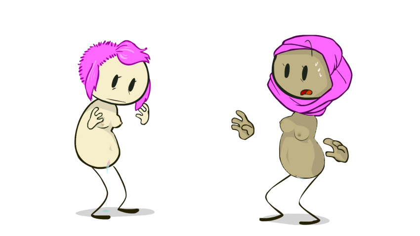 2girls arab arab_female arabian extra_credits female hijab multiple_girls muslim muslim_female no_bra no_panties nude nude_male original original_characters pink_hair pussy_juice pussy_juice_drip suddenly_naked surprise surprised tagme white_background youtube youtuber