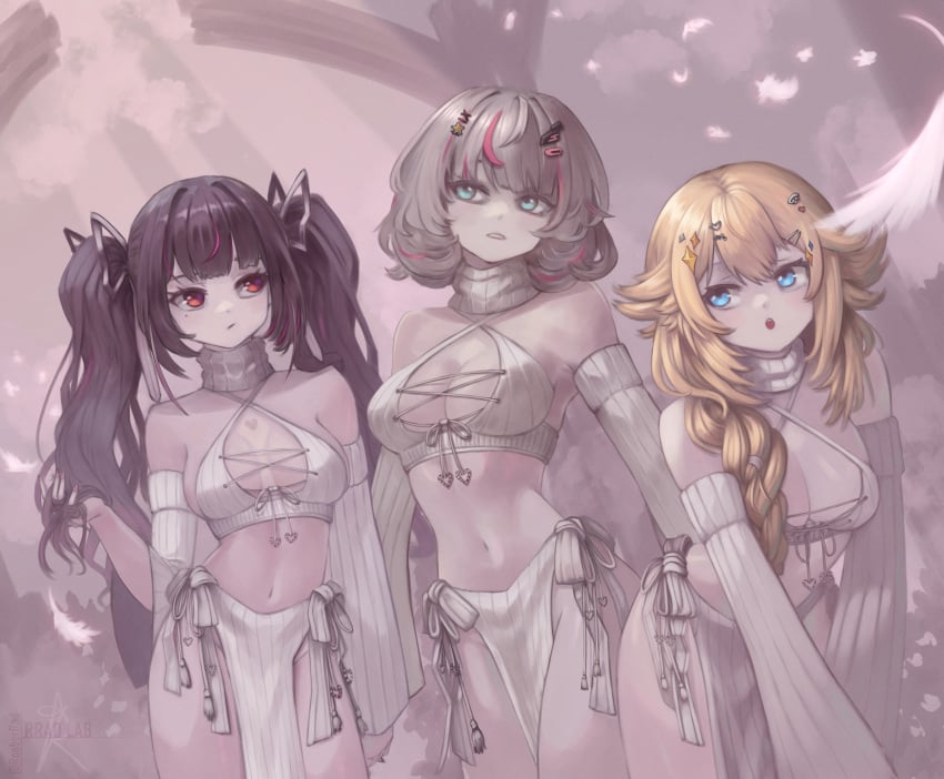 3girls belly_button big_breasts black_hair blonde_hair blue_eyes breasts cleavage clothed clothing detached_sleeves grey_hair hair_ornament himemiya_rie kaneko_lumi light-skinned_female light_skin phase_alias phase_connect phase_invaders phase_origins pink_hair red_eyes rinkou_ashelia rrad_lab_(@rooberrad) sweater twintails two_tone_hair virtual_youtuber