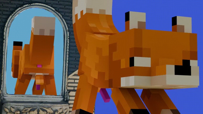 3d_(artwork) 3d_animation animated anus balls canid canine cirtuusfruit digital_media_(artwork) feral fox fox_(minecraft) genitals looking_back male mammal microsoft minecraft mirror mirror_reflection mojang penis reflection solo xbox_game_studios