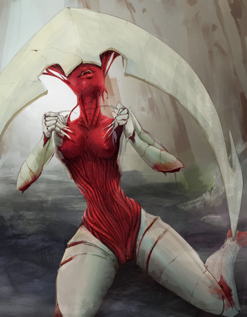 athletic_female blood breasts claws elesh_norn female kneeling long_nails magic_the_gathering monster_girl nightmare_waifu nipples open_mouth pussy solo tinyfaceart